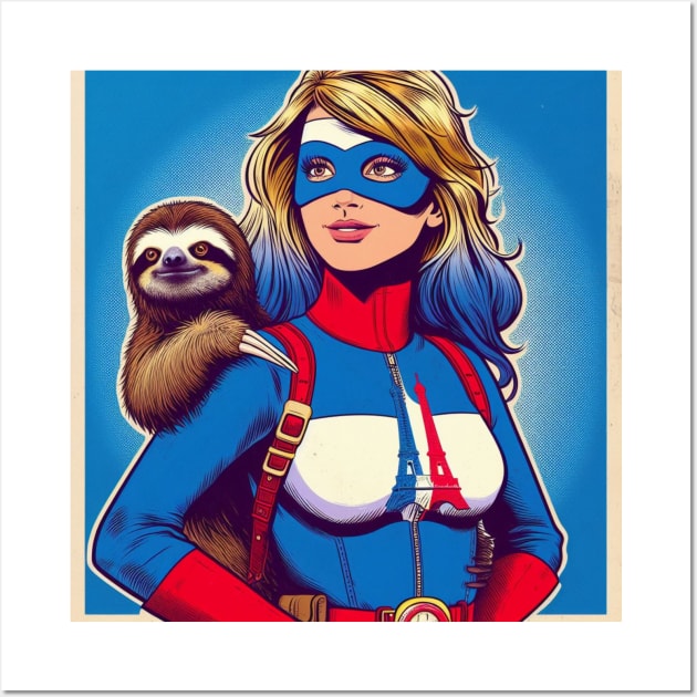 Francais: Female 70's Comic Book Hero with Sloth 1 Wall Art by Woodpile